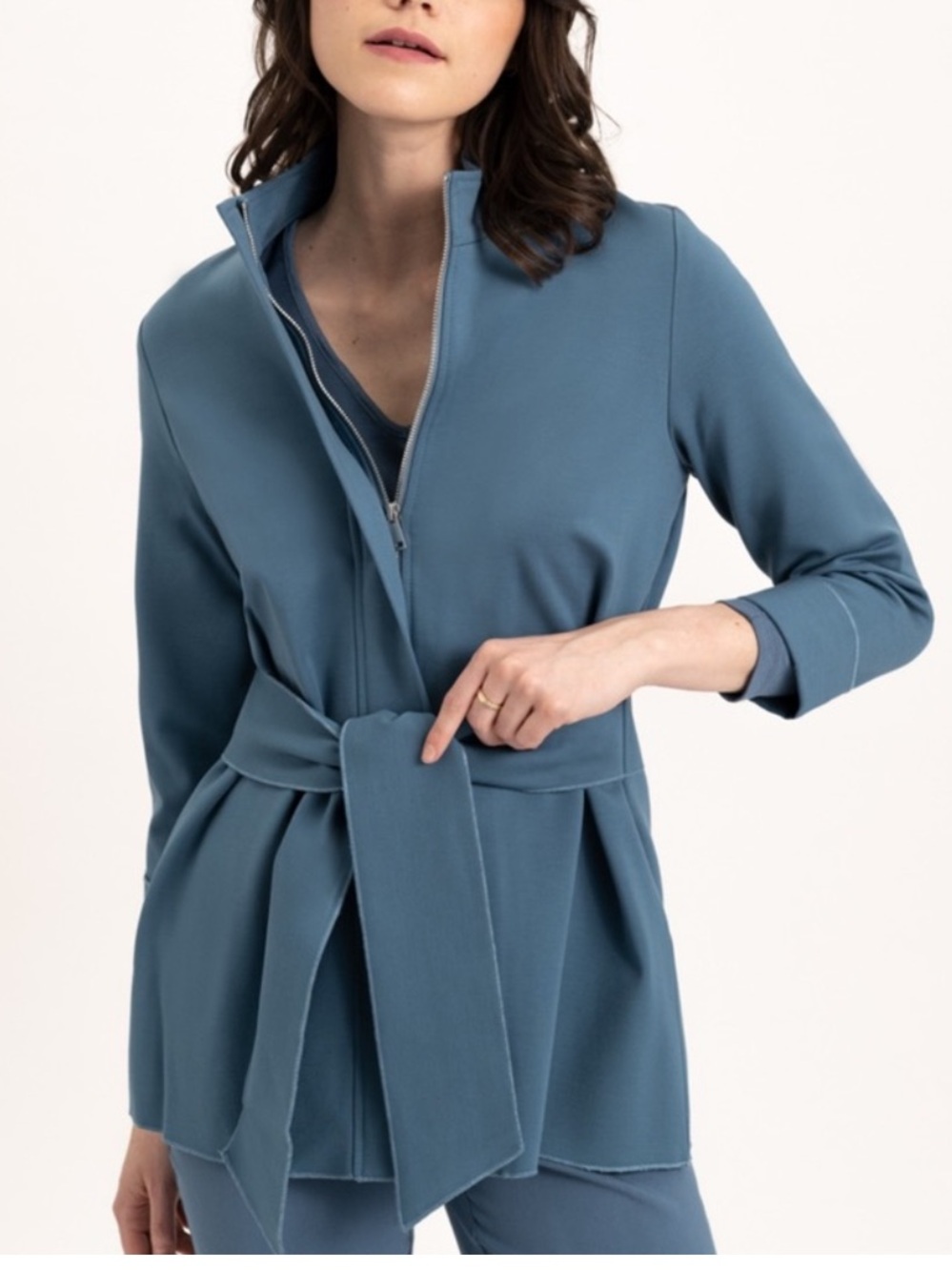 Renuar Belted Ponte Jacket Self Tie Teal Sash Slimming Career Minimalist Modern